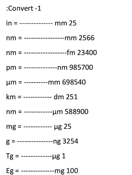 Solved Convert 1 in mm 25 nm mm 2566 nm fm 23400 Chegg