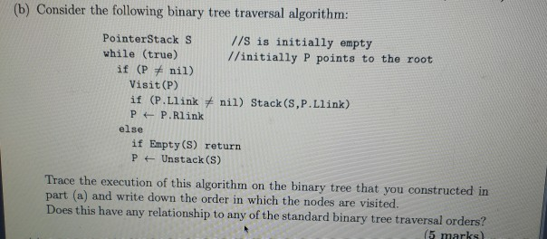 Solved (b) Consider the following binary tree traversal | Chegg.com