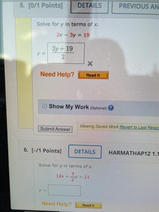 Solved 5. (0/1 Points] DETAILS PREVIOUS AN Solve for y in | Chegg.com