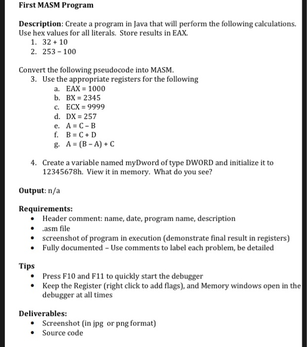 First Masm Program Description Create A Program I Chegg Com