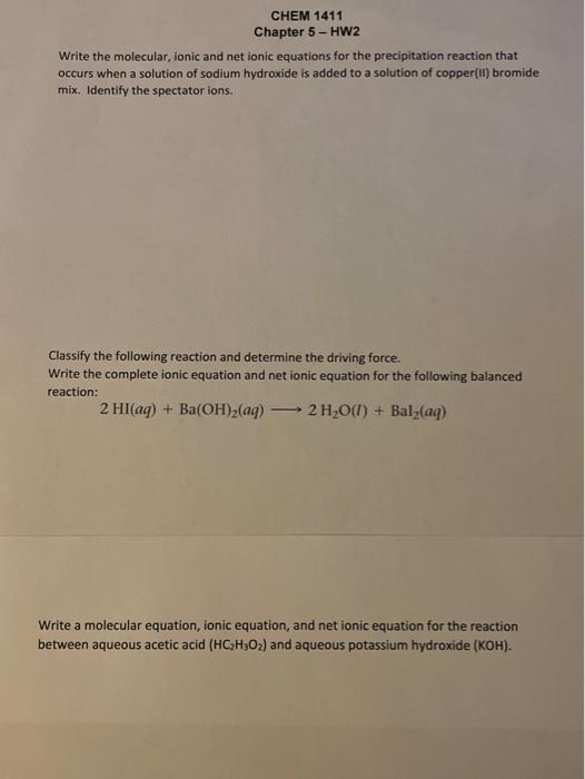 Solved CHEM 1411 Chapter 5 - HW2 Write the molecular, ionic | Chegg.com