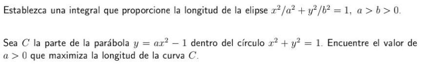 Establezca una integral que proporcione la longitud de la elipse \( x^{2} / a^{2}+y^{2} / b^{2}=1, a>b>0 \). Sea \( C \) la