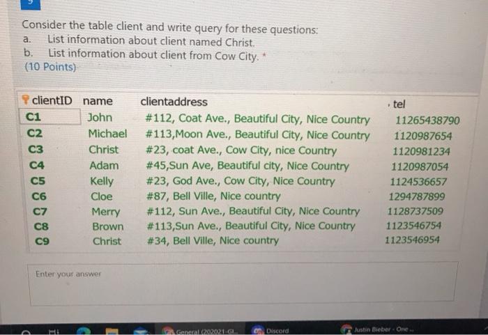 Solved Consider the table client and write query for these | Chegg.com
