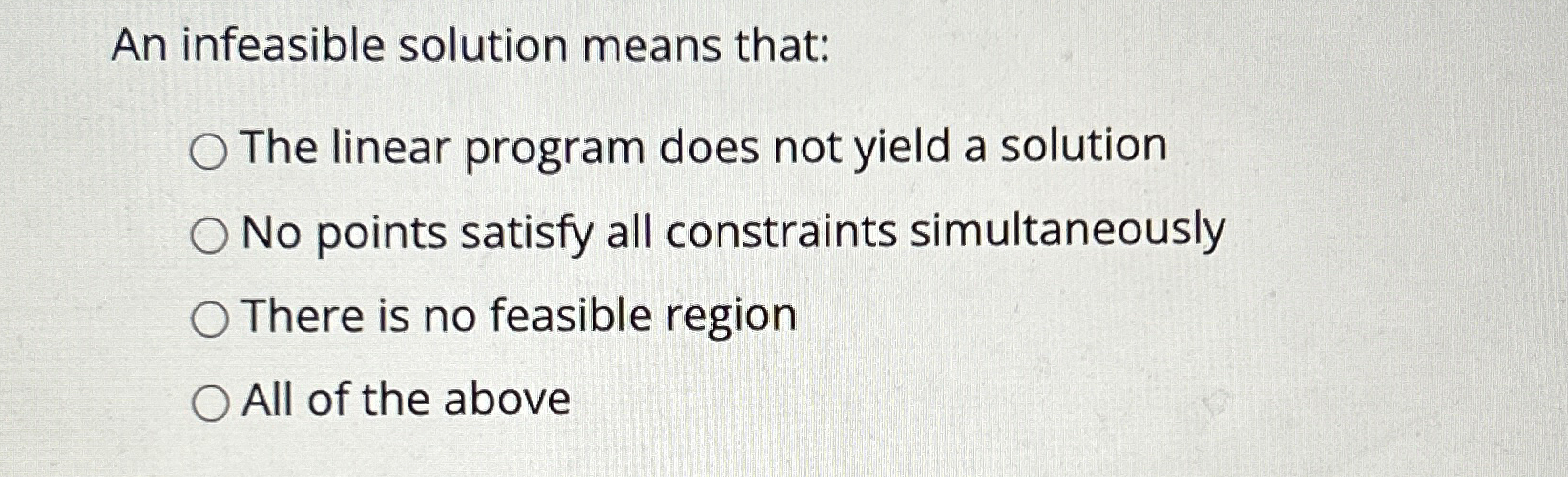 Solved An infeasible solution means that:The linear program | Chegg.com