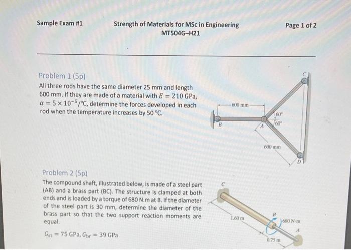 Solved Sample Exam #1 Strength of Materials for MSc in | Chegg.com