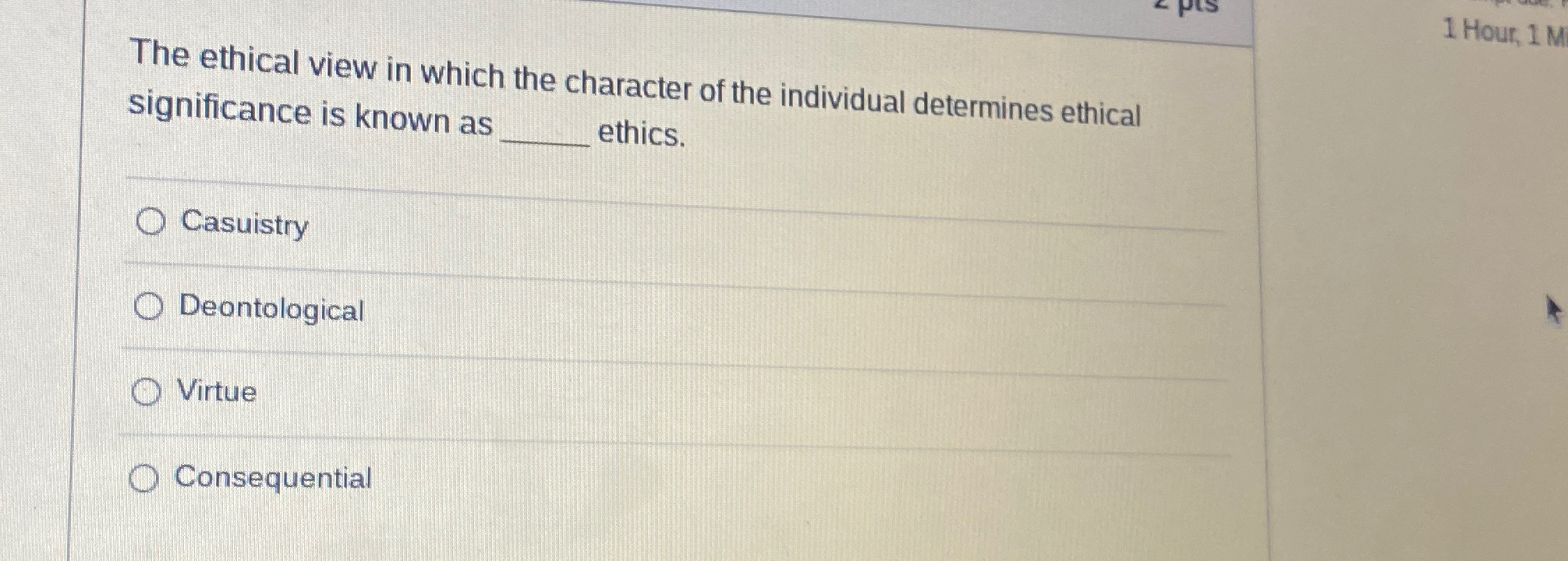 Solved The ethical view in which the character of the | Chegg.com