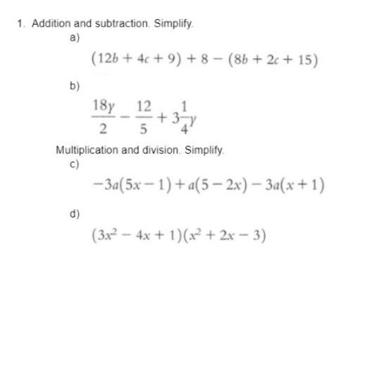 Solved 1. Addition and subtraction. Simplify. a) b) (12b + | Chegg.com