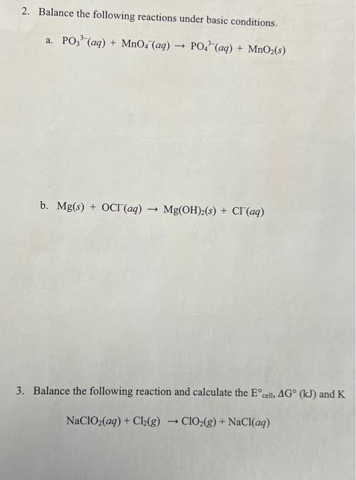 Solved 2 Balance The Following Reactions Under Basic 0664