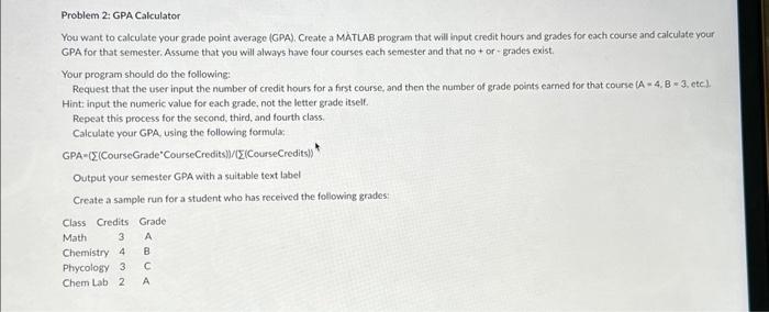 Solved Problem 2: GPA Calculator You want to calculate your | Chegg.com