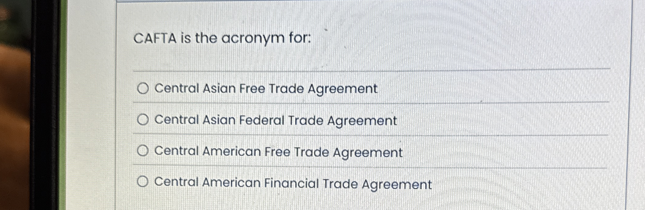 Solved CAFTA is the acronym for:Central Asian Free Trade | Chegg.com