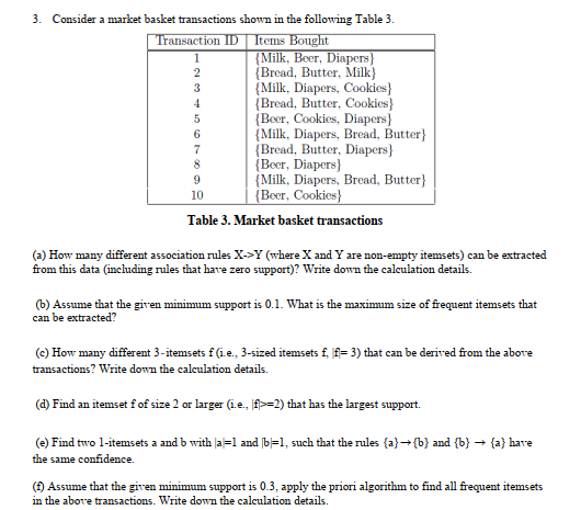 Solved Consider a market basket transactions shown in the | Chegg.com