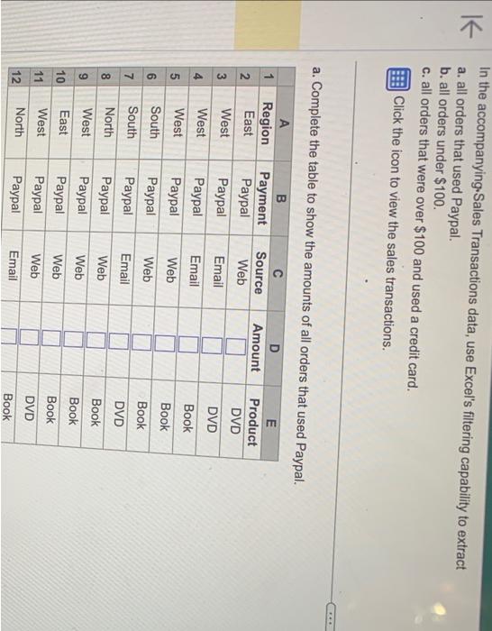 In the accompanying.Sales Transactions data, use Excels filtering capability to extract
a. all orders that used Paypal.
b. a