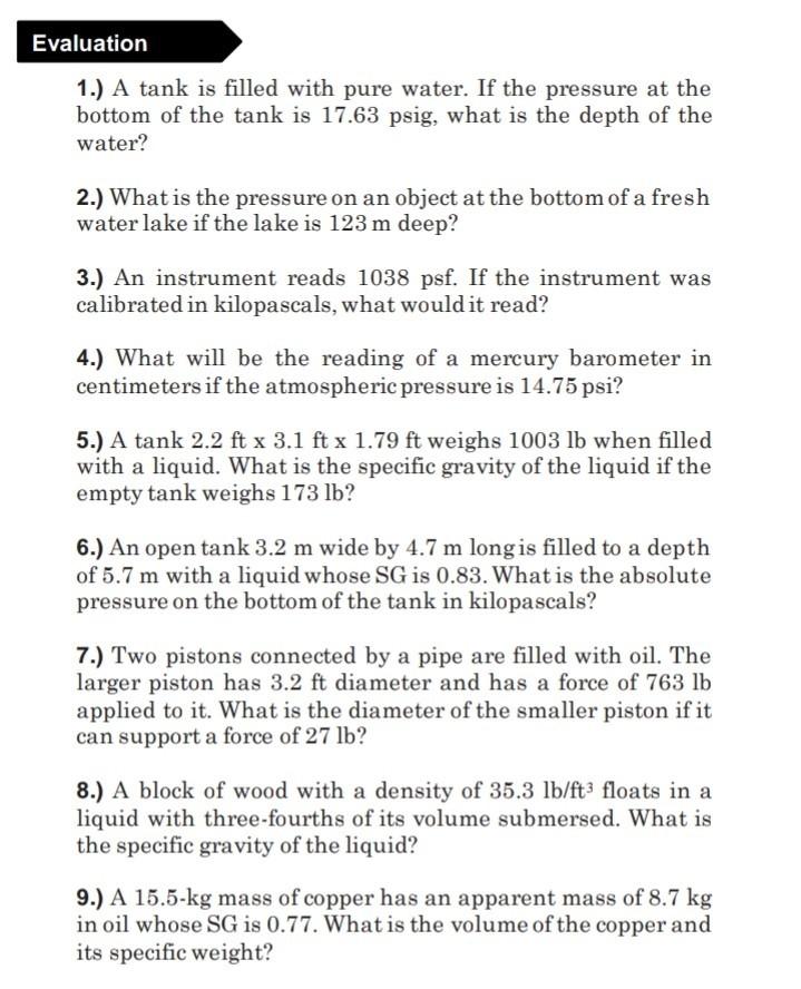 Solved Evaluation 1.) A tank is filled with pure water. If | Chegg.com