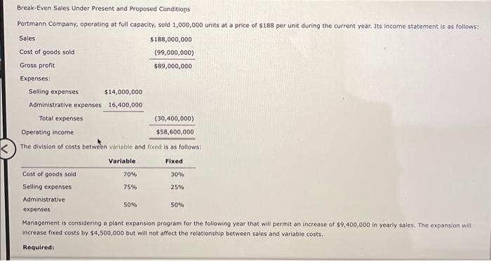 Solved Break Even Sales Under Present And Proposed Chegg