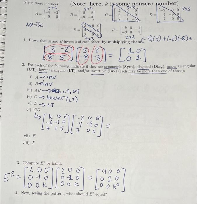 Solved Given these matrices: (Note: here, k is some nonzero | Chegg.com