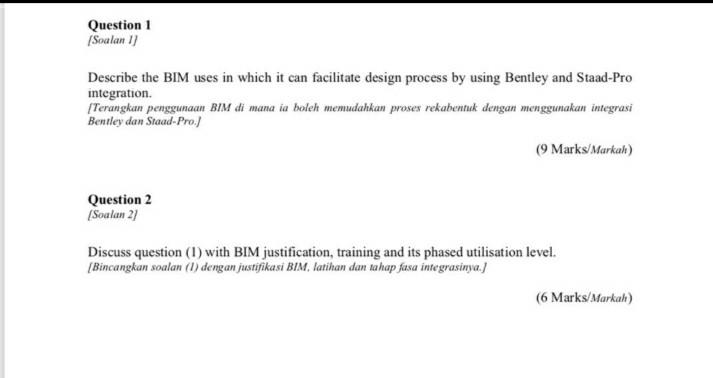 Solved Question 1 Soalan 11 Describe The Bim Uses In Which Chegg Com