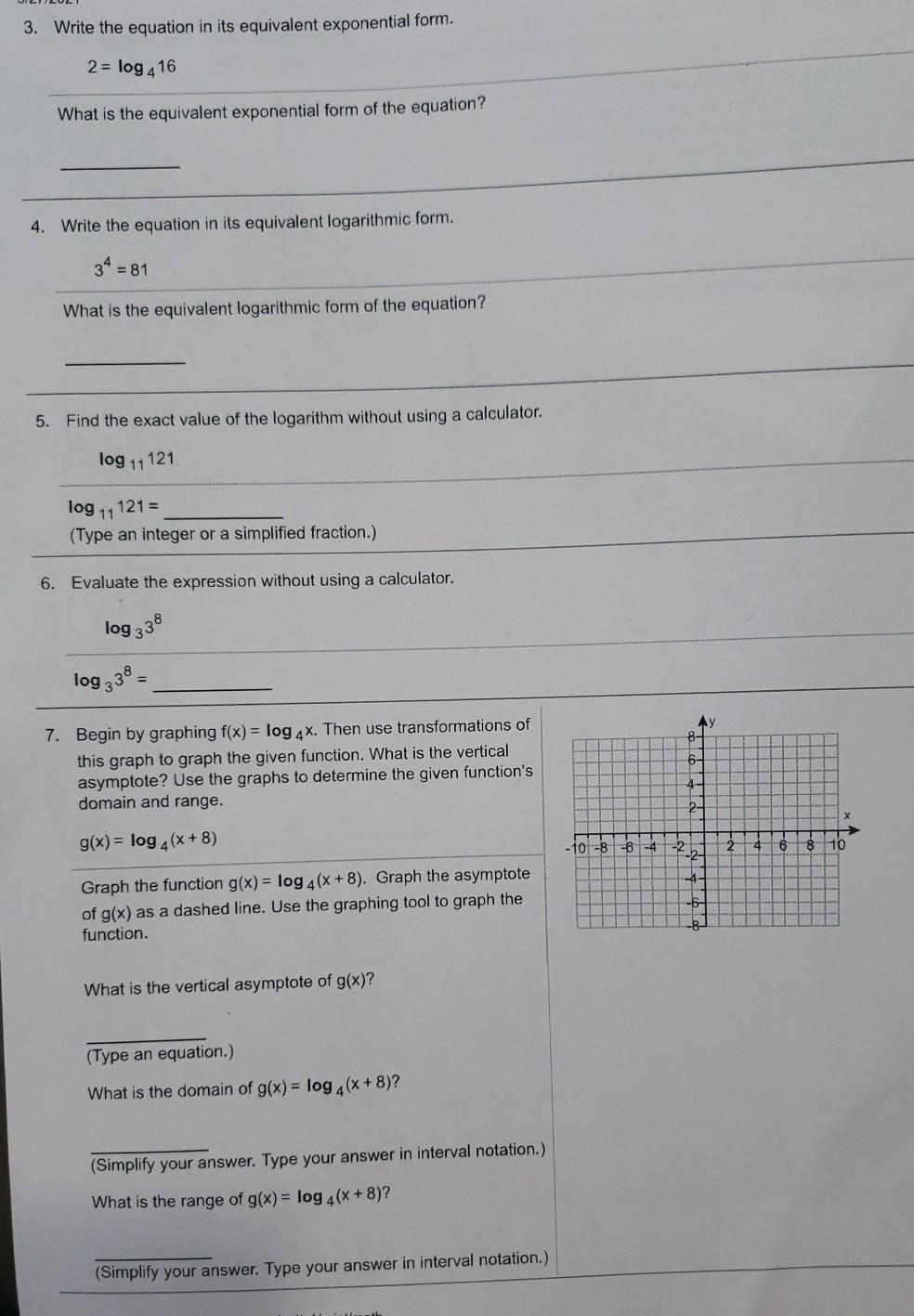 Solved 3. Write the equation in its equivalent exponential | Chegg.com