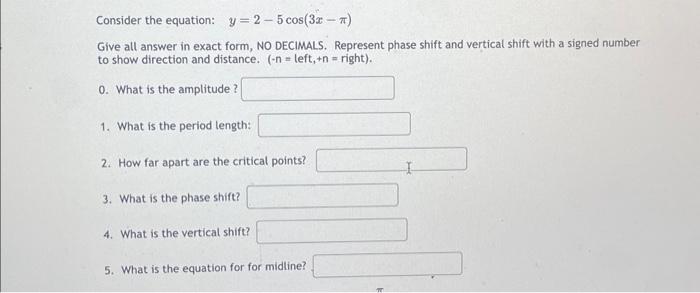 Solved onsider the equation: y=2−5cos(3x−π) ive all answer | Chegg.com