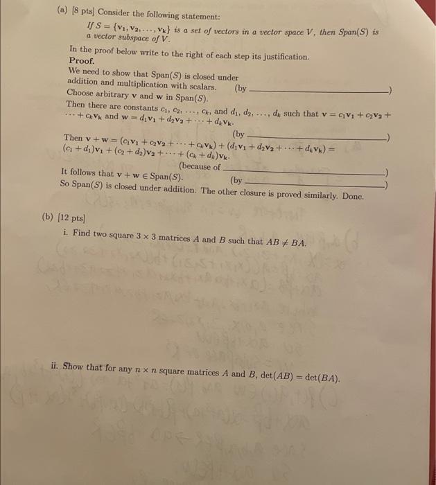 Solved If S={v1,v2,…,vk} Is A Set Of Vectors In A Vector | Chegg.com