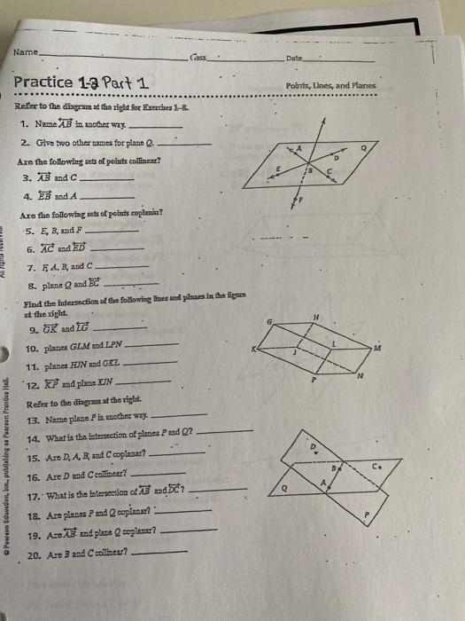 Solved Name Date Practice 1-a Part 1 Points, Lines, and | Chegg.com