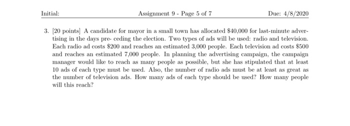Solved Initial: Assignment 9 - Page 5 of 7 Due: 4/8/2020 3. | Chegg.com