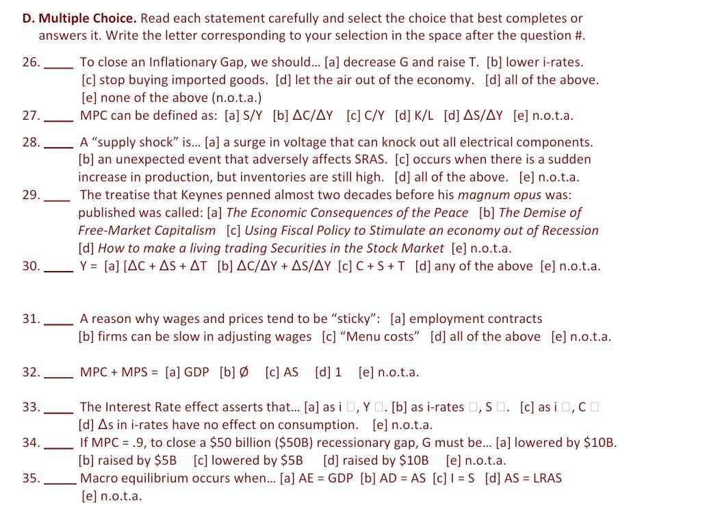 Solved D. Multiple Choice. Read each statement carefully and | Chegg.com