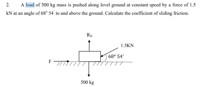 Solved 2. A load of 500 kg mass is pushed along level ground | Chegg.com