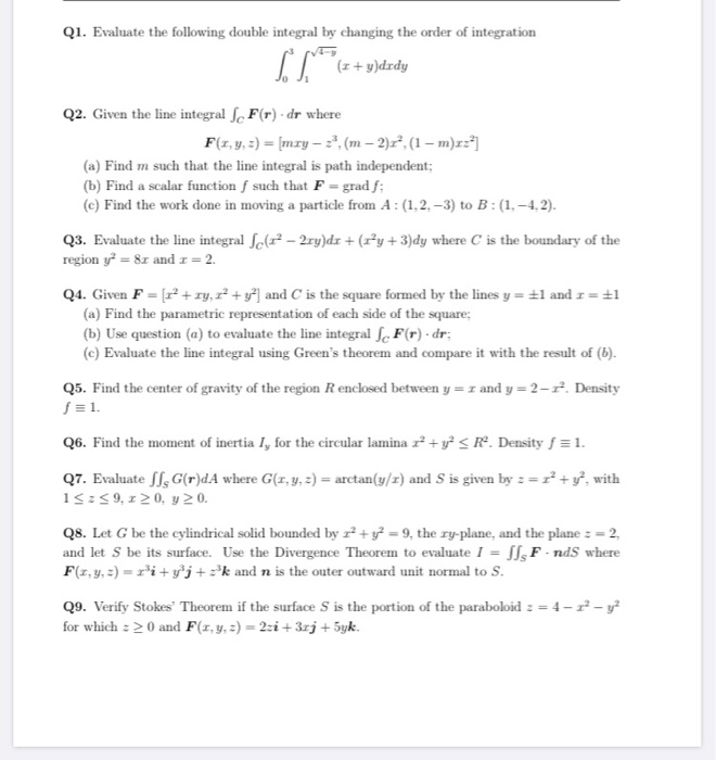 Solved Q1 Evaluate The Following Double Integral By Chan Chegg Com