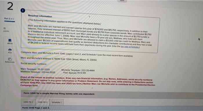 Complete Marc And Michelle's Form 1040, Page 1 Ans 2, | Chegg.com