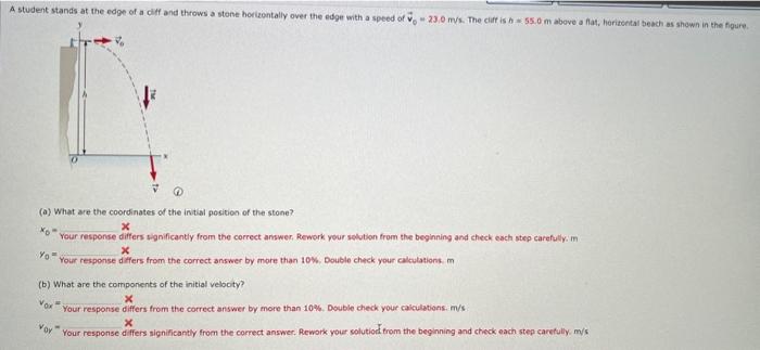 A student stands at the edpe of a cilf and throws a stene borieontally over the edge with a speed of \( \vec{v}_{0}=23.0 \mat