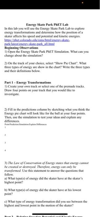 Solved Energy Skate Park PhET Lab In This Lab You Will Use | Chegg.com