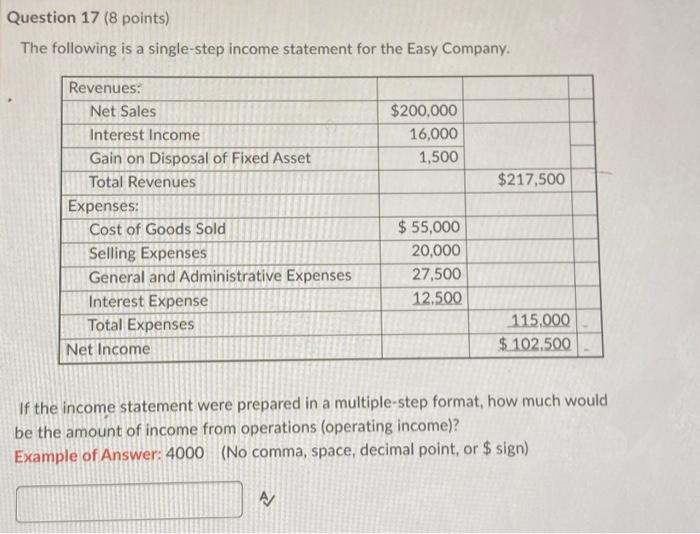 Solved The Following Is A Single-step Income Statement For | Chegg.com