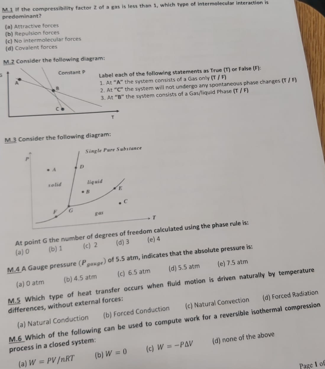 Solved M. 1 ﻿If the compressibility factor Z ﻿of a gas is | Chegg.com
