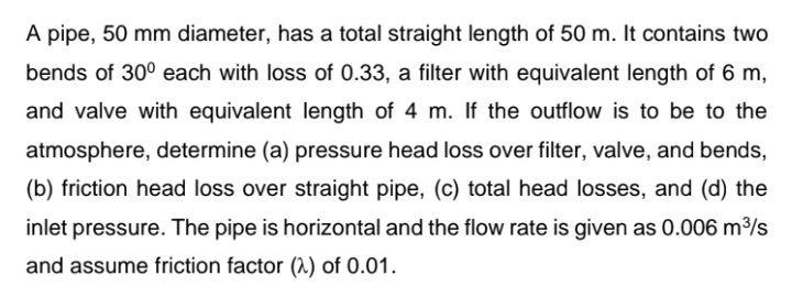 Solved A pipe, 50 mm diameter, has a total straight length | Chegg.com