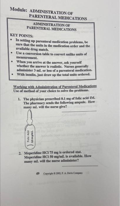 Solved . Module: ADMINISTRATION OF PARENTERAL MEDICATIONS | Chegg.com