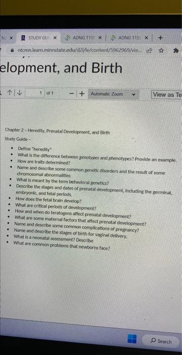 Solved Chapter 2 -Heredity, Prenatal Development, and Birth | Chegg.com