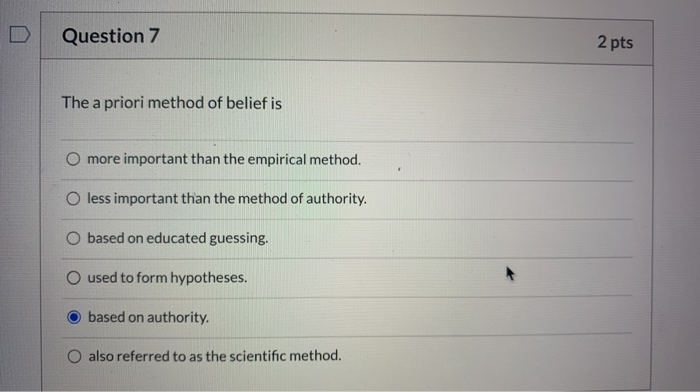 Solved Question 7 2 pts The a priori method of belief is | Chegg.com