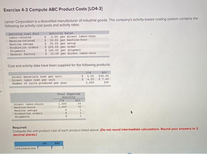 Solved Exercise 4 3 Compute Abc Product Costs [lo4 3 Larner