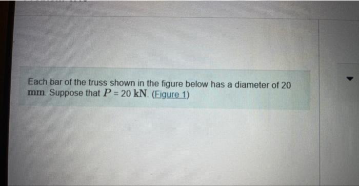 Each bar of the truss shown in the figure below has a diameter of 20 \( \mathrm{mm} \). Suppose that \( P=20 \mathrm{kN} \). 