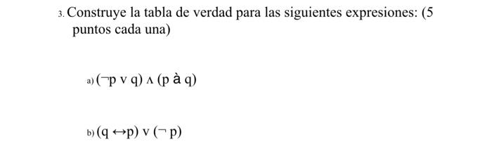 3. Construye la tabla de verdad para las siguientes expresiones: ( 5 puntos cada una) a) \( (\neg p \vee q) \wedge(p \) à q)