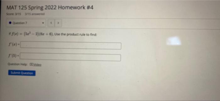 Solved MAT 125 Spring 2022 Homework #4 Sore M15115 Question | Chegg.com