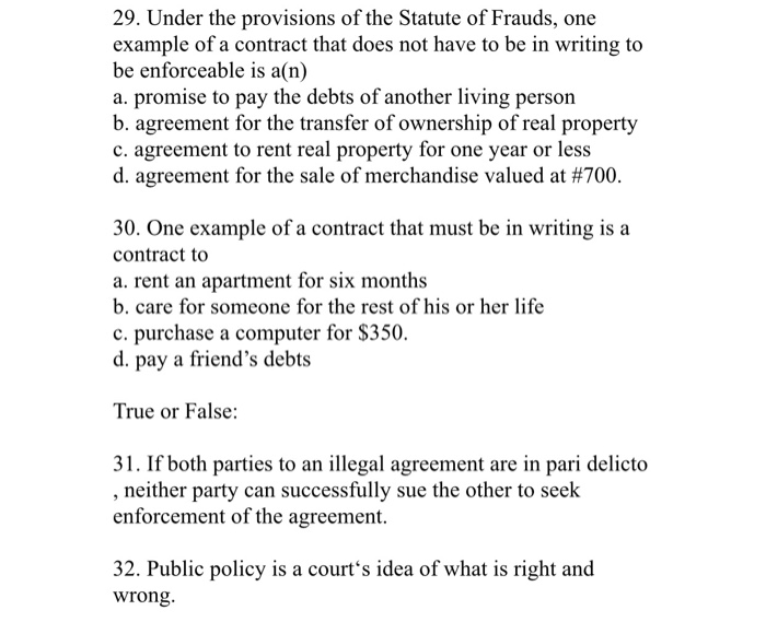 Solved 29. Under The Provisions Of The Statute Of Frauds, | Chegg.com