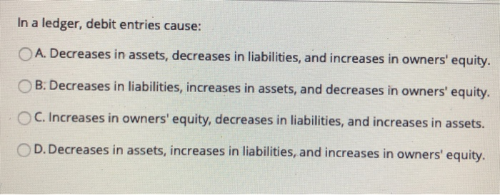 Solved In a ledger, debit entries cause: A. Decreases in | Chegg.com