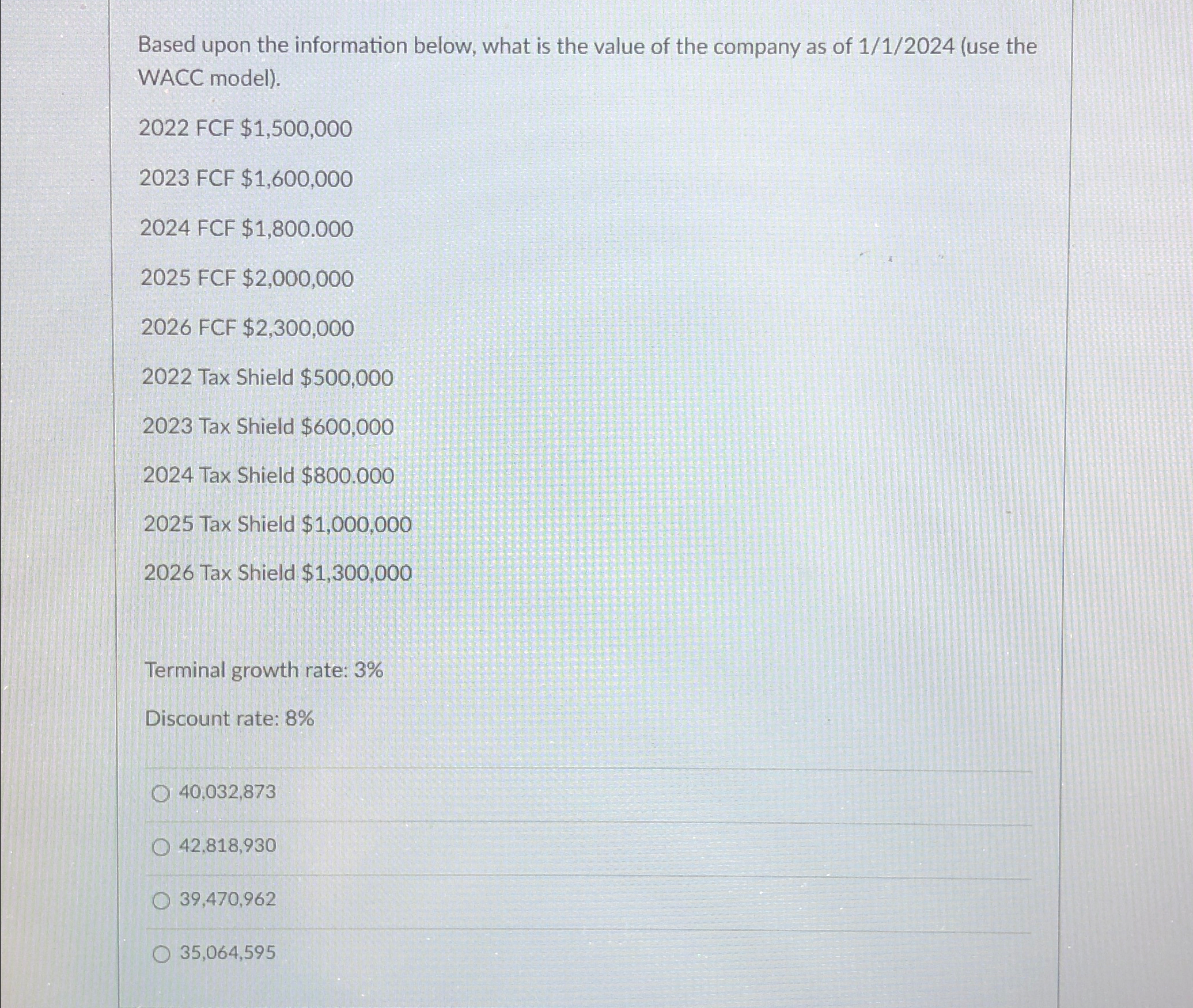 Solved Based upon the information below, what is the value | Chegg.com
