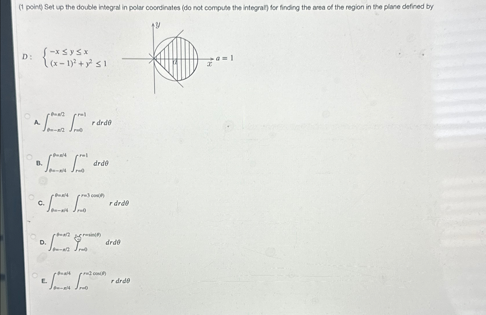Solved (1 ﻿point) ﻿Set up the double integral in polar | Chegg.com