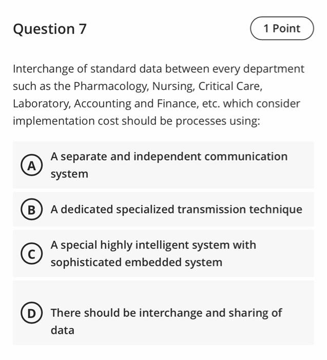 Question 7 1 Point Interchange of standard data between every department such as the Pharmacology, Nursing, Critical Care, La