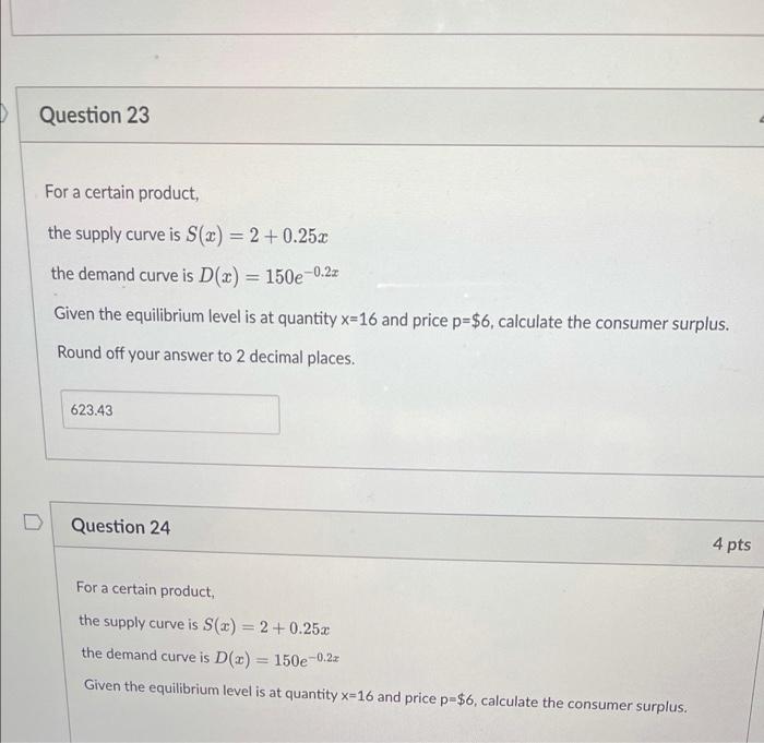 Solved Question 23 For a certain product, the supply curve | Chegg.com