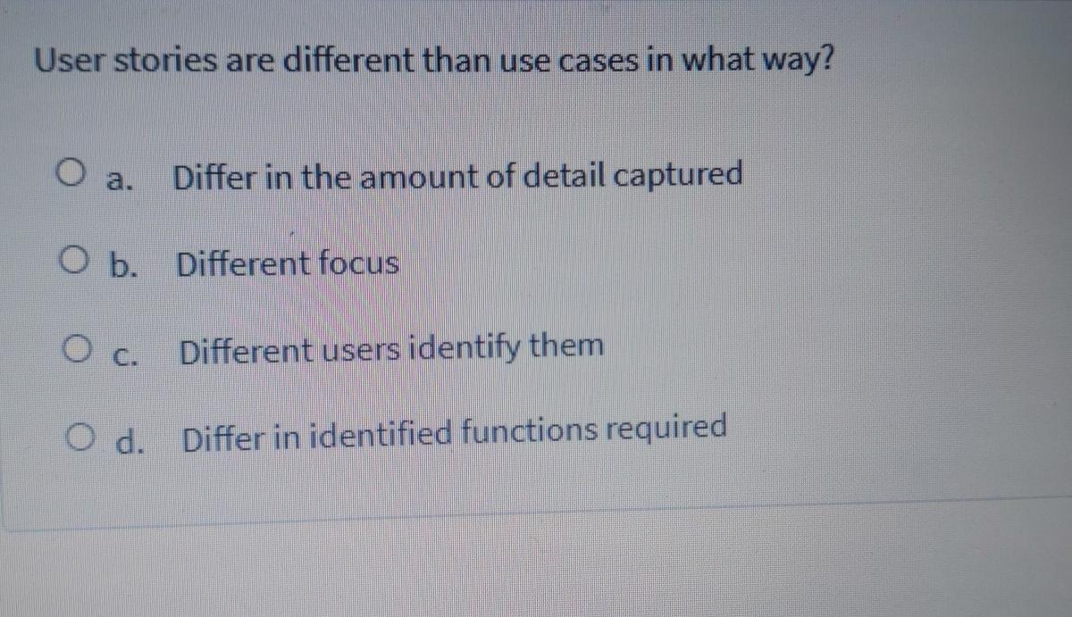 Solved User Stories Are Different Than Use Cases In What | Chegg.com