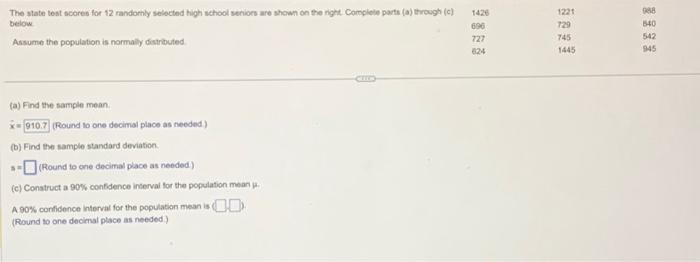 Solved The state test scores for 12 randomly selected high | Chegg.com