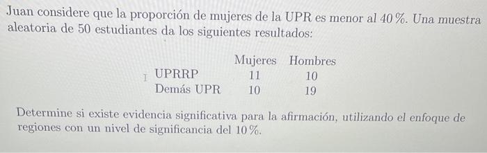 Juan considere que la proporción de mujeres de la UPR es menor al \( 40 \% \). Una muestra aleatoria de 50 estudiantes da los